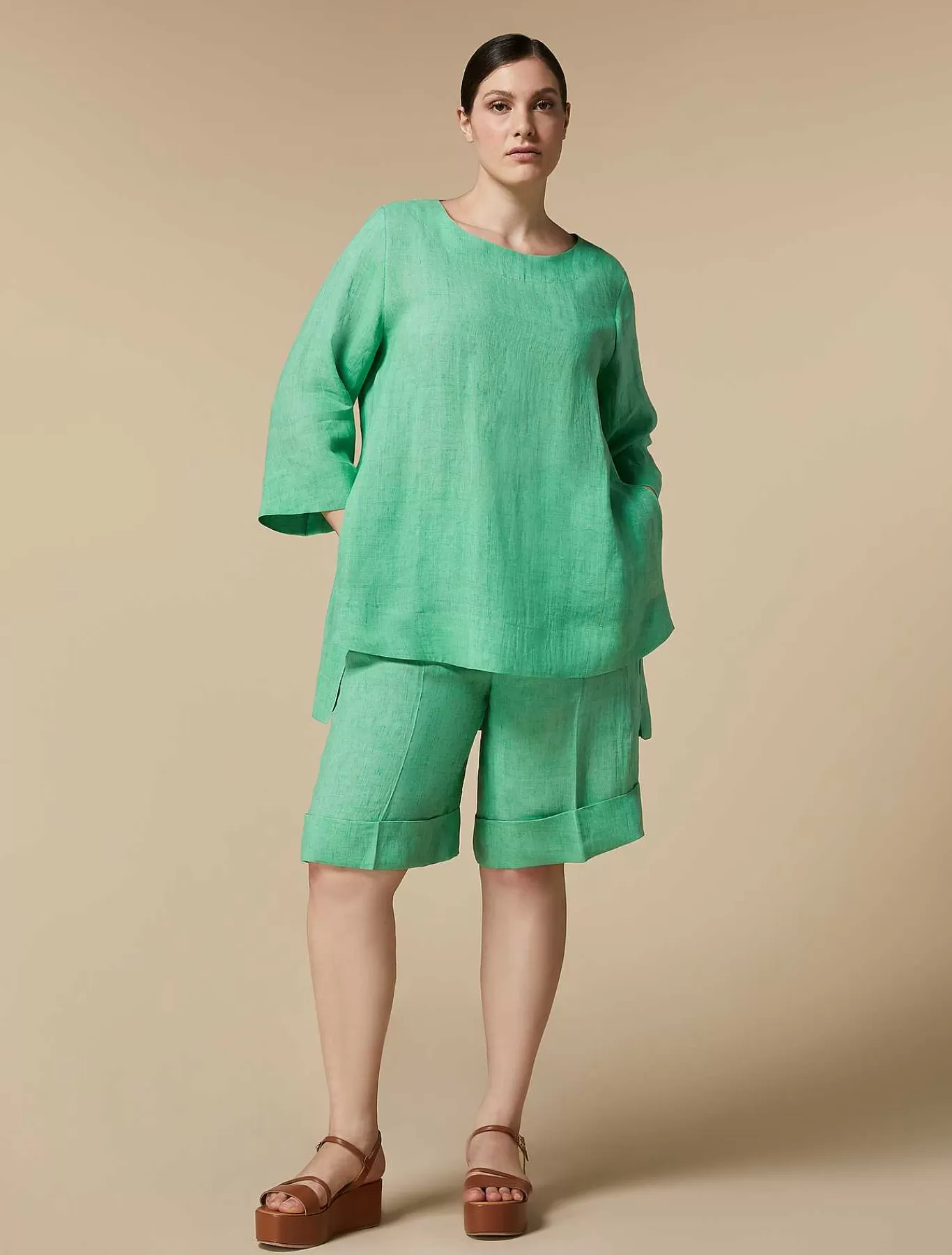 Online Bermuda En Lin Leger Femmes Pantalon